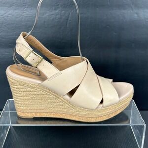 Clarks Size 10 Wedge Heel Sandals Beige Leather Platform Strappy NEW $139